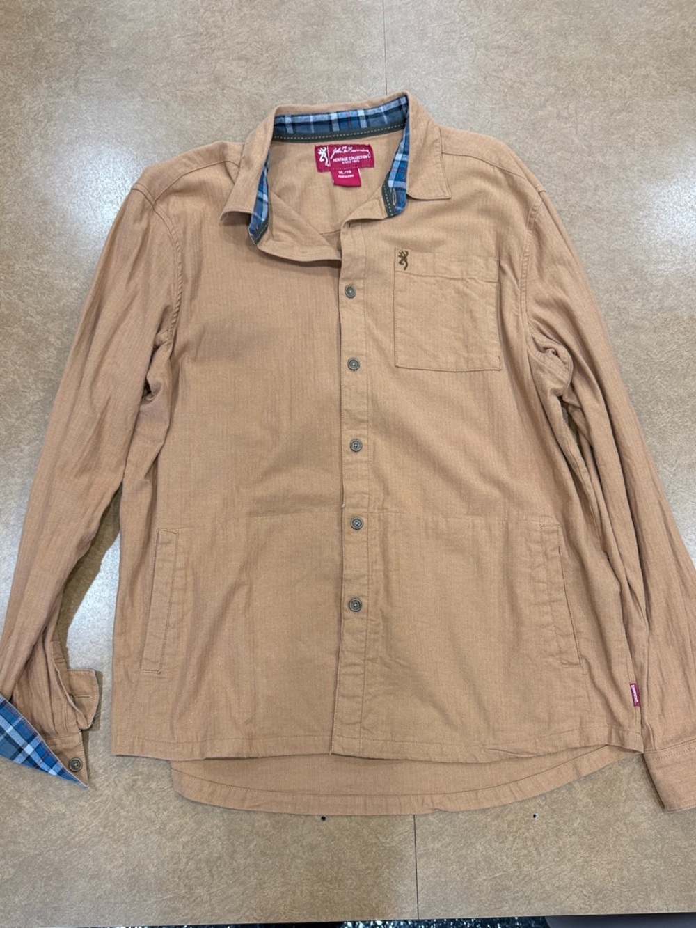 Browning XL light brown shirt jacket with plaid trim, rugged outdoor style